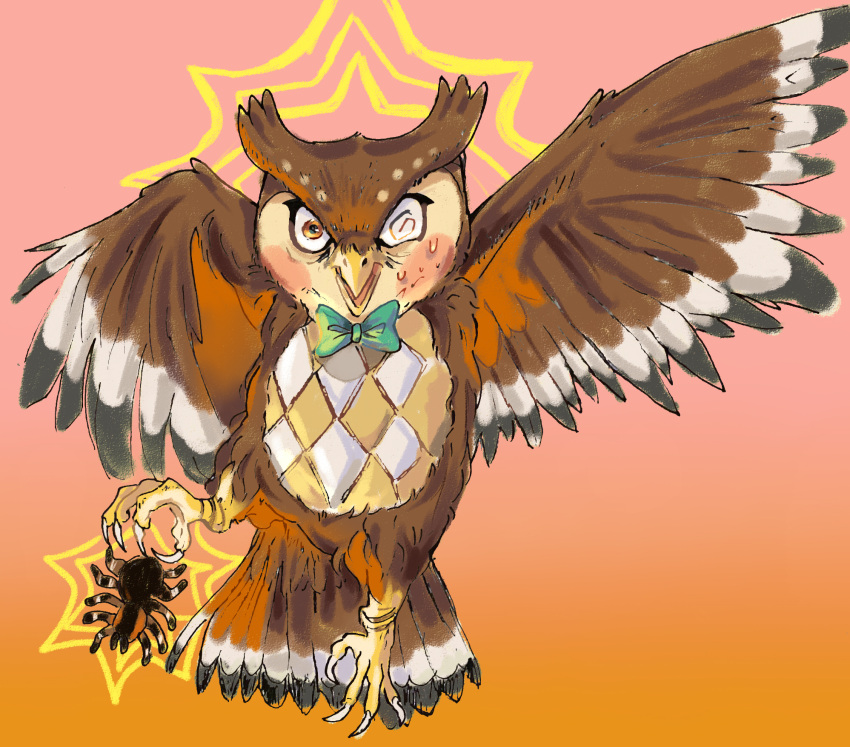 2020 ambient_arthropod animal_crossing arthropod avian bird blathers_(animal_crossing) bodily_fluids bow_tie bow_tie_only briannajay feral flying green_bow_tie hi_res holding_object holding_object_with_feet looking_at_viewer male mostly_nude nintendo open_mouth orange_background owl sharp_talons simple_background solo spread_wings sweat wings