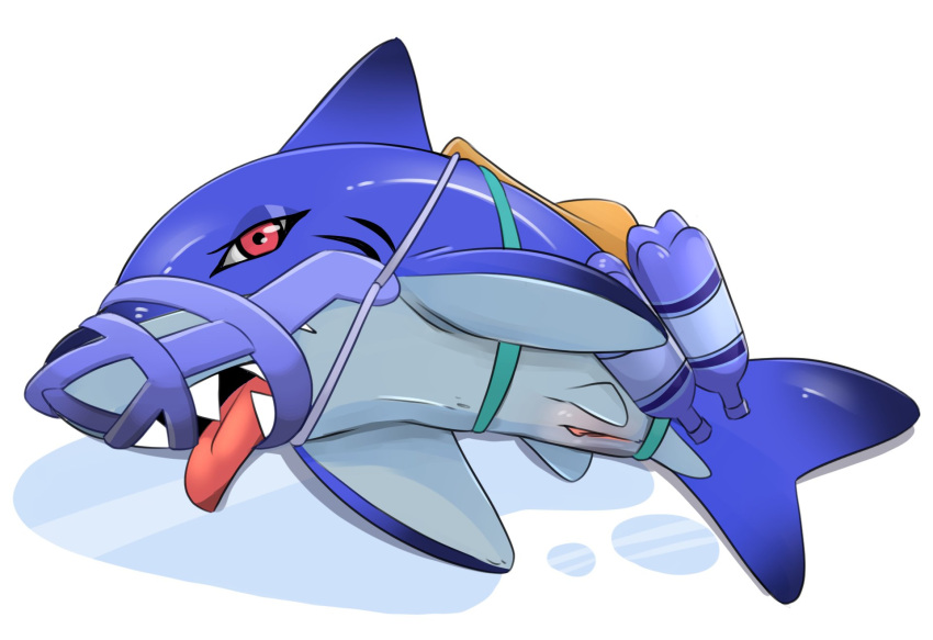 2023 blue_body female feral fish genitals hi_res honeymono looking_at_viewer lying marine muzzle_(object) nintendo nude on_side pussy reefslider shark simple_background solo splatoon splatoon_3 tongue tongue_out white_background