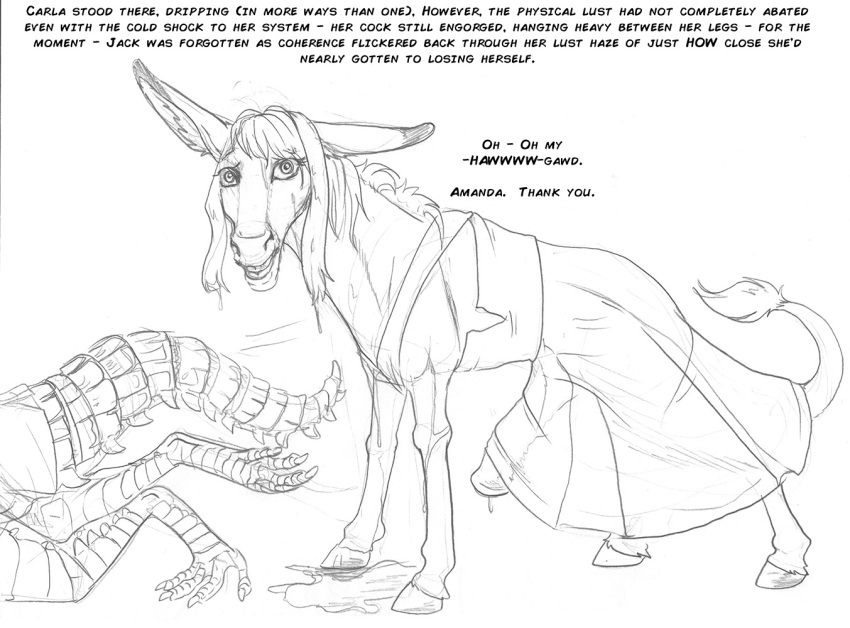 ambiguous_gender animal_genitalia animal_penis arania armadillo_girdled_lizard asinus carla_(tcitw) clothed clothed_feral clothing dipstick_ears donkey dress duo english_text equid equine equine_penis feral genitals girdled_lizard gynomorph herm_(lore) hooves intersex jack_(tcitw) lizard mammal multicolored_ears penis reptile scalie tail tail_tuft text the_cabin_in_the_woods_(arania) tuft