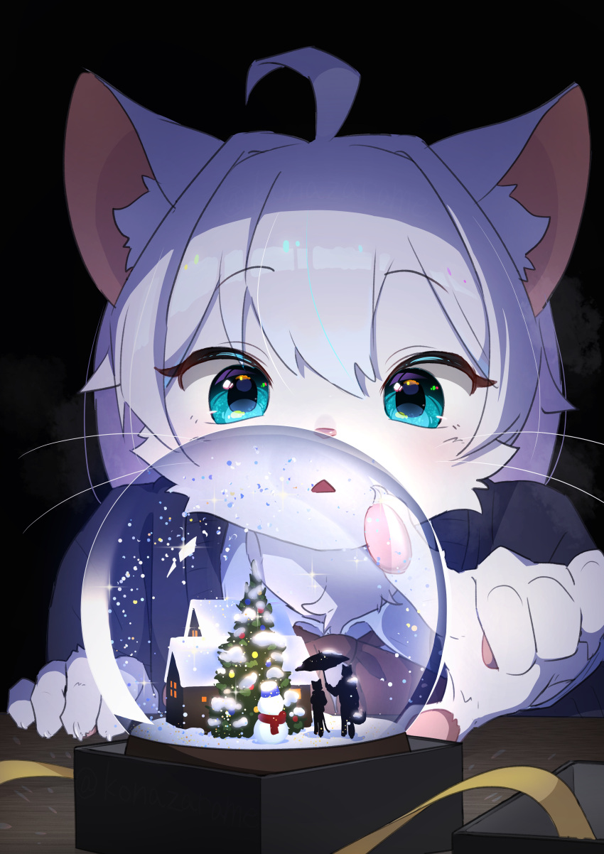 2023 absurd_res ahoge anthro biped black_background black_eyebrows blue_eyes blush christmas christmas_tree claws eyebrow_through_hair eyebrows female fur hair hi_res holidays inner_ear_fluff konazarame looking_at_object new_year open_mouth pawpads pink_nose plant shaded simple_background snow_globe solo translucent translucent_hair tree tuft whiskers white_body white_fur white_hair