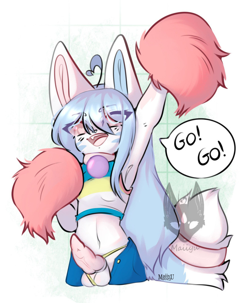 &lt;3 &lt;3_eyes ambiguous_gender anthro ball_tuft balls blue_body blue_fur canid canine cheerful cheering cheerleader cheerleading_pose clothing collar erection fennec fluffy fluffy_tail fox fur genitals hair happy hi_res knot long_hair maiiyu maiiyumi mammal penis pink_body pink_fur solo tail tuft underwear white_body