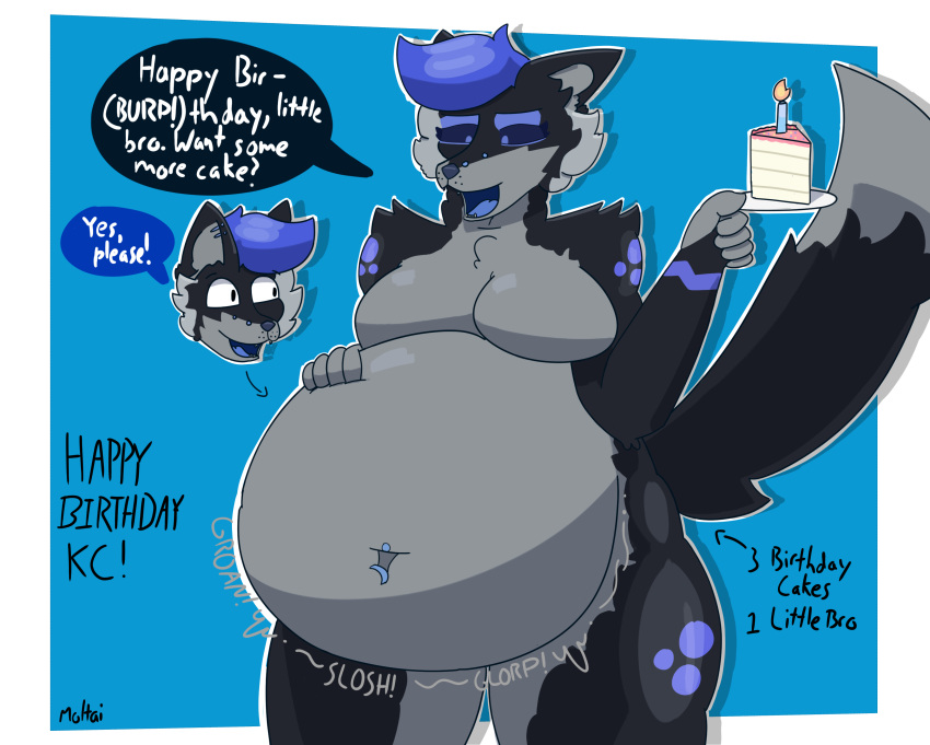 abdominal_bulge absurd_res anthro belly big_belly big_breasts big_butt breasts butt cake canid canine canis dessert dialogue duo female female_pred food happy_birthday hi_res kaycie kc_(kingcreep105) larger_pred male male/female male_prey mammal moltai smaller_prey stuffing vore willing_prey wolf