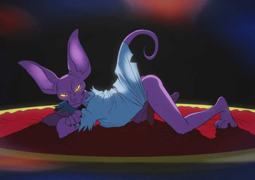 anthro beerus big_ears bottomless claws clothed clothing deity domestic_cat dragon_ball dragon_ball_super felid feline felis genitals god_of_destruction hi_res humanoid_genitalia humanoid_penis looking_at_viewer male mammal penis purple_body raised_tail shirt solo tail topwear yellow_sclera zepthehyerian