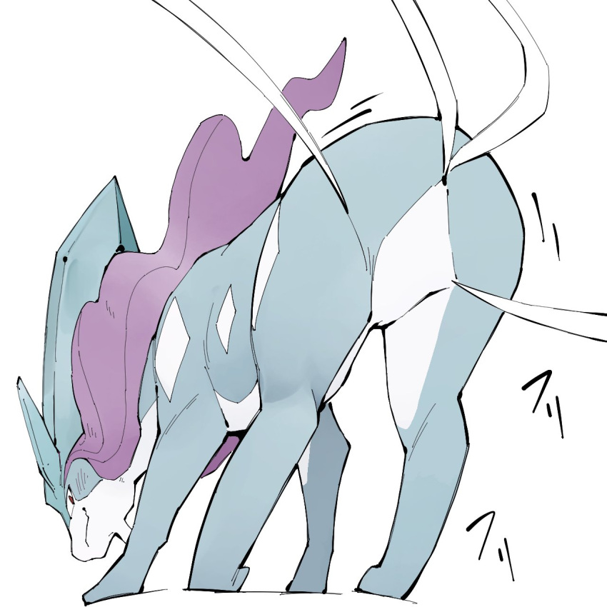 1:1 2022 ambiguous_gender blue_body blue_fur blush blush_lines butt canid countershade_face countershade_neck countershade_torso countershading digital_media_(artwork) featureless_crotch feral fur generation_2_pokemon hi_res inviting japanese_text legendary_pokemon looking_back mammal mane markings multicolored_body multicolored_fur nintendo null on_model paws pokemon pokemon_(species) presenting presenting_hindquarters purple_mane quadruped rear_view red_eyes shaded simple_background simple_shading smile solo standing suicune text three-quarter_view white_background white_body white_countershading white_fur white_markings youjomodoki