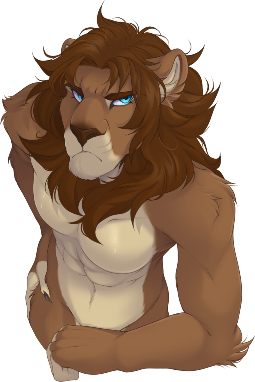 2023 5_fingers abs alpha_channel anthro blue_eyes brown_body brown_fur brown_hair digital_media_(artwork) eyebrows eyelashes felid fingers fur gerdeer hair hi_res lion male mammal pantherine simple_background solo transparent_background