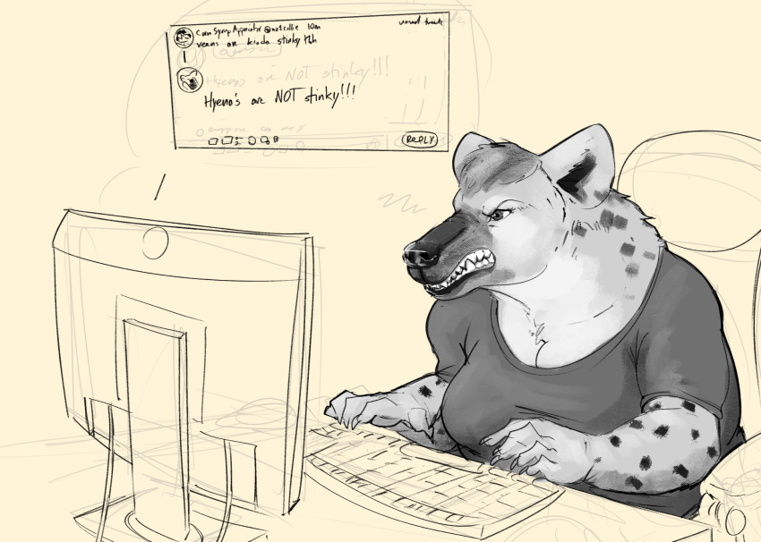 2023 5_fingers angry anthro big_breasts breasts cleavage clenched_teeth clothed clothing comment computer digital_media_(artwork) doctordj english_text female fingers fur hi_res humanoid_hands hyena keyboard mammal solo spotted_hyena teeth text