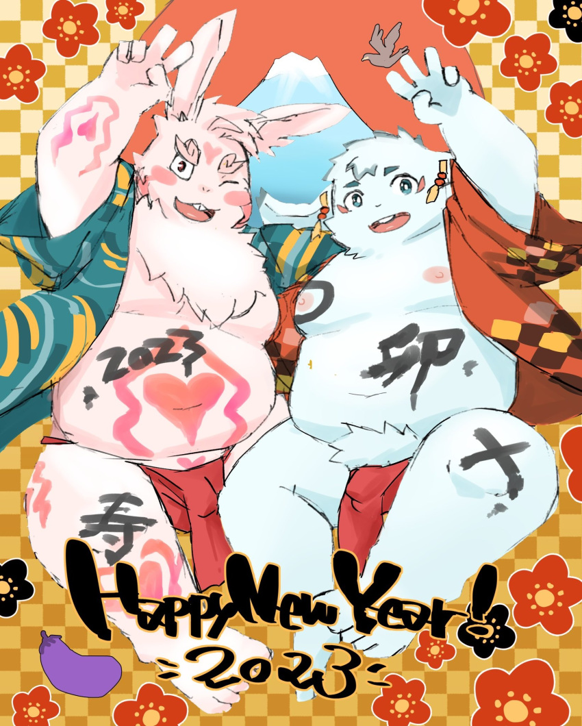 anthro asian_clothing belly blue_body blue_fur body_writing bulge chinese_zodiac clothing duo east_asian_clothing fundoshi fur hi_res inaba_(tamacolle) inaba_(tas) japanese_clothing lagomorph leporid lifewonders male mammal markings navel new_year_2023 nipples one_eye_closed overweight rabbit s_ouo tamacolle tokyo_afterschool_summoners underwear white_body white_fur wink year_of_the_rabbit
