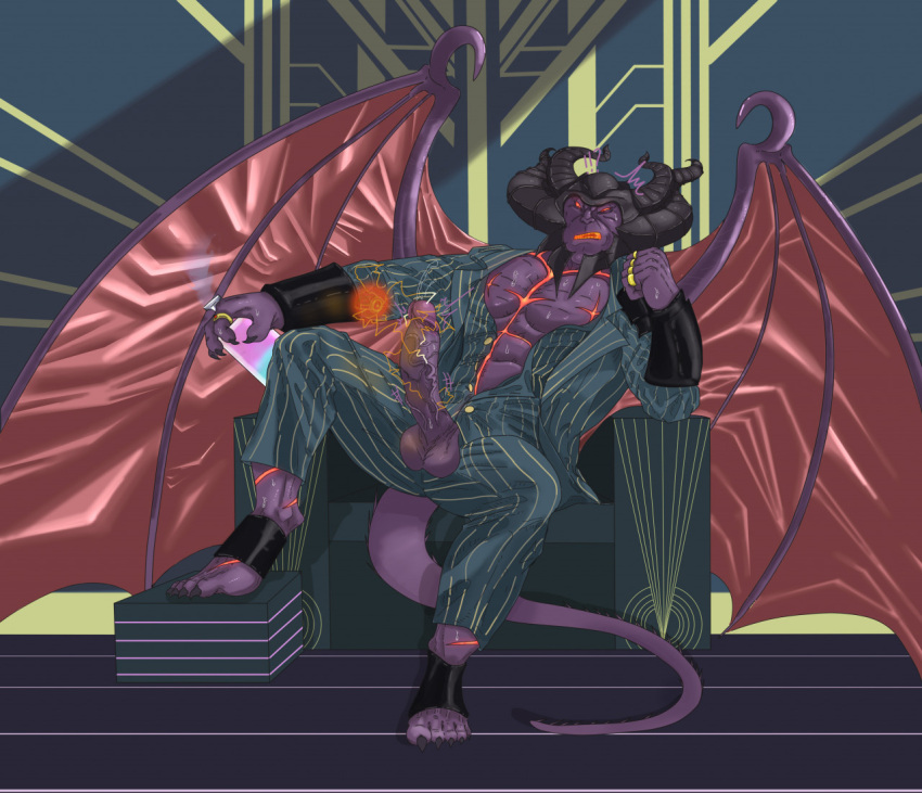 anthro chair clothing demon electrostimulation furniture genitals hasbro horn humanoid_genitalia humanoid_penis liushahuiyou magic:_the_gathering male membrane_(anatomy) membranous_wings muscular muscular_male ob_nixillis penis presenting presenting_penis purple_body ring_(jewelry) solo suit throne wings wizards_of_the_coast