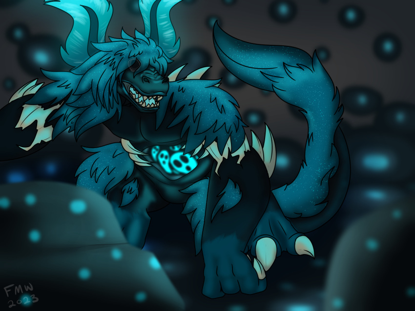 ambiguous_gender anthro big_arms bioluminescence claws digital_drawing_(artwork) digital_media_(artwork) ears_up feildmarshallwolf glowing hi_res microsoft minecraft mojang moss muscular open_mouth plant shaded signature solo spikes tail tongue warden_(minecraft) xbox_game_studios