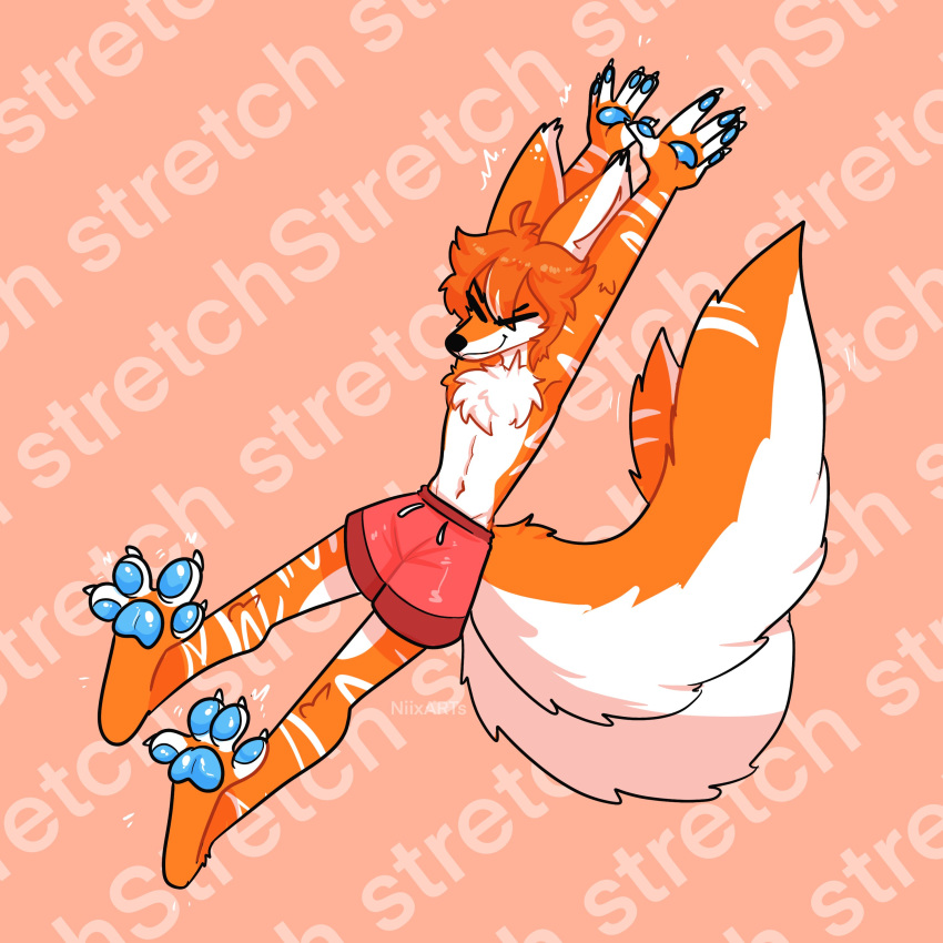 2_tails absurd_res anthro blue_pawpads canid canine cheek_tuft chest_tuft english_text eyes_closed facial_tuft feet fox fur hi_res male mammal multi_tail multicolored_body multicolored_fur orange_background orange_body orange_fur pawpads paws simple_background smile solo spread_toes stretching tail text the_xing1 toes tuft two_tone_body two_tone_fur white_body white_fur