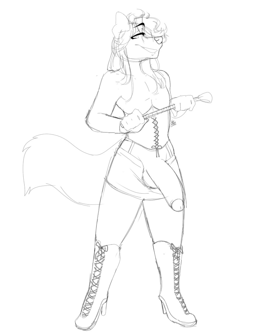 anthro big_penis black_and_white boots bottomwear canid canine clothing corset dusty_(princedusty) footwear garter_straps genitals girly hair hair_over_eye hi_res high_heeled_boots high_heels humanoid_genitalia laced_boots lingerie male mammal monochrome one_eye_obstructed pencil_skirt penis riding_crop sketch skirt smile smirk smirking_at_viewer smug solo topwear whip yourbnuuy