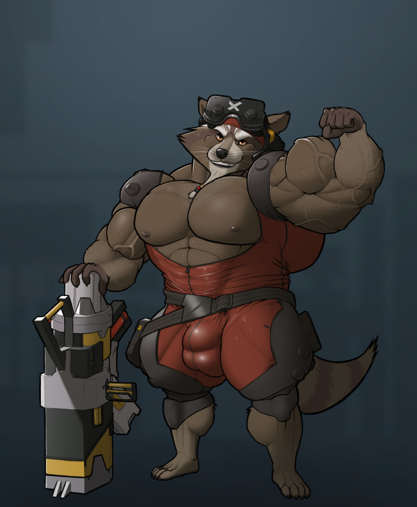 4_toes 5_fingers abs anthro barefoot beard biceps big_biceps big_bulge big_muscles big_pecs biped black_nose brown_body brown_fur bulge claws clothed clothing facial_hair feet fingers fur guardians_of_the_galaxy gun hi_res huge_muscles jumpsuit kajy looking_at_viewer male mammal marvel muscular muscular_anthro muscular_arms muscular_male muscular_thighs nipples pecs plantigrade procyonid quads raccoon ranged_weapon rocket_raccoon simple_background smile solo standing thick_thighs tight_clothing toe_claws toes triceps vein veiny_muscles weapon whiskers