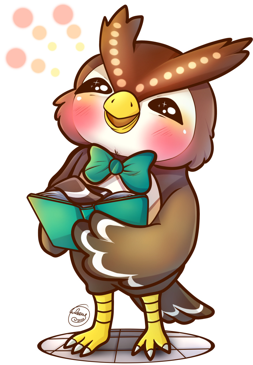 2020 absurd_res alpha_channel animal_crossing anthro avian bird blathers_(animal_crossing) blush book brown_body full-length_portrait green_bow_tie hi_res holding_book holding_object male nintendo open_mouth owl owleeve portrait signature simple_background smile solo sparkling_eyes standing transparent_background