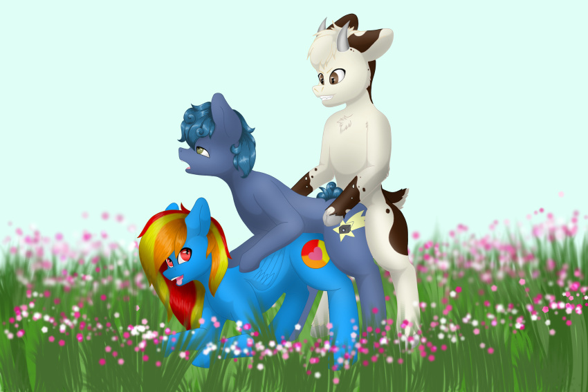 all_fours ambiguous_penetration blue_body blue_fur bovid brown_body brown_eyes brown_fur butt butt_grab caprine chest_tuft curled_hair cutie_mark day ears_back equid equine fangs female flower from_behind_position fur goat grass green_eyes group group_sex hair hand_on_butt hasbro hazel_bloons_(character) hi_res horn horse interspecies ismim long_hair looking_at_another looking_at_partner male male/female male/male mammal multicolored_hair my_little_pony nude open_mouth outside pegasus penetration pivoted_ears plant pony red_eyes sex simple_background speckled_fur standing sunamena teeth tongue tongue_out train_position trio tuft white_body white_fur wings