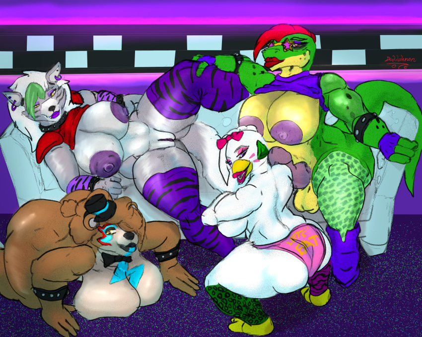 alligator alligatorid animatronic anthro armwear avian bear big_breasts big_butt biped bird breasts butt canid canine canis chicken clothed clothing crocodilian delloknon female five_nights_at_freddy's five_nights_at_freddy's:_security_breach galliform gallus_(genus) genitals glamrock_chica_(fnaf) glamrock_freddy_(fnaf) group gynomorph hi_res intersex legwear machine mammal montgomery_gator_(fnaf) partially_clothed penis phasianid piercing pussy reptile robot roxanne_wolf_(fnaf) scalie scottgames thick_thighs thigh_highs wolf