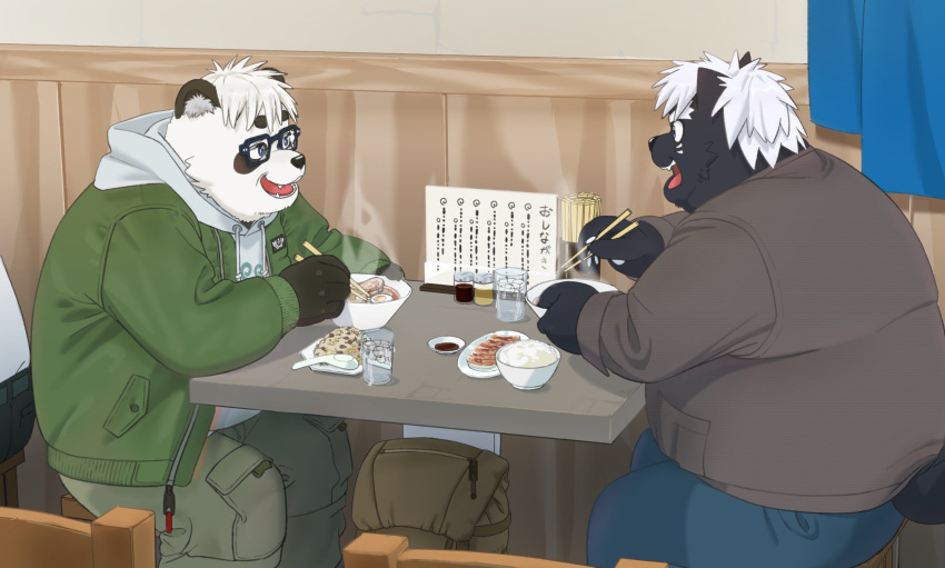 2023 anthro bear black_body black_nose canid canine clothing detailed_background duo eyewear food giant_panda glasses hair hi_res humanoid_hands inside kemoniku120 kemono kokuba_hoeguro male mammal overweight overweight_male sasayama_akira sitting sweater topwear virtual_youtuber white_body white_hair