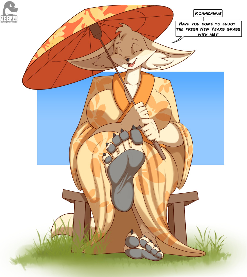 absurd_res anthro asian_clothing bench big_breasts breasts canid canine claws clothing dialogue east_asian_clothing english_text eyes_closed feet female fennec foot_focus fox hi_res huge_breasts humanoid_feet japanese_clothing kimono kimota looking_at_viewer mammal pawpads plantigrade sitting soles solo spread_toes talking_to_viewer text toe_claws toes umbrella zp92