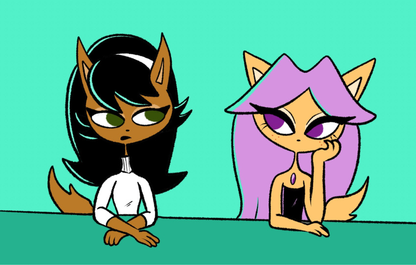 anthro black_hair colored domestic_cat duo felid feline felis female furniture green_eyes hair half-length_portrait hand_on_face hands_on_table hi_res idytwisted kitty_katswell looking_at_another mammal nickelodeon pink_hair portrait purple_eyes sitting t.u.f.f._puppy table