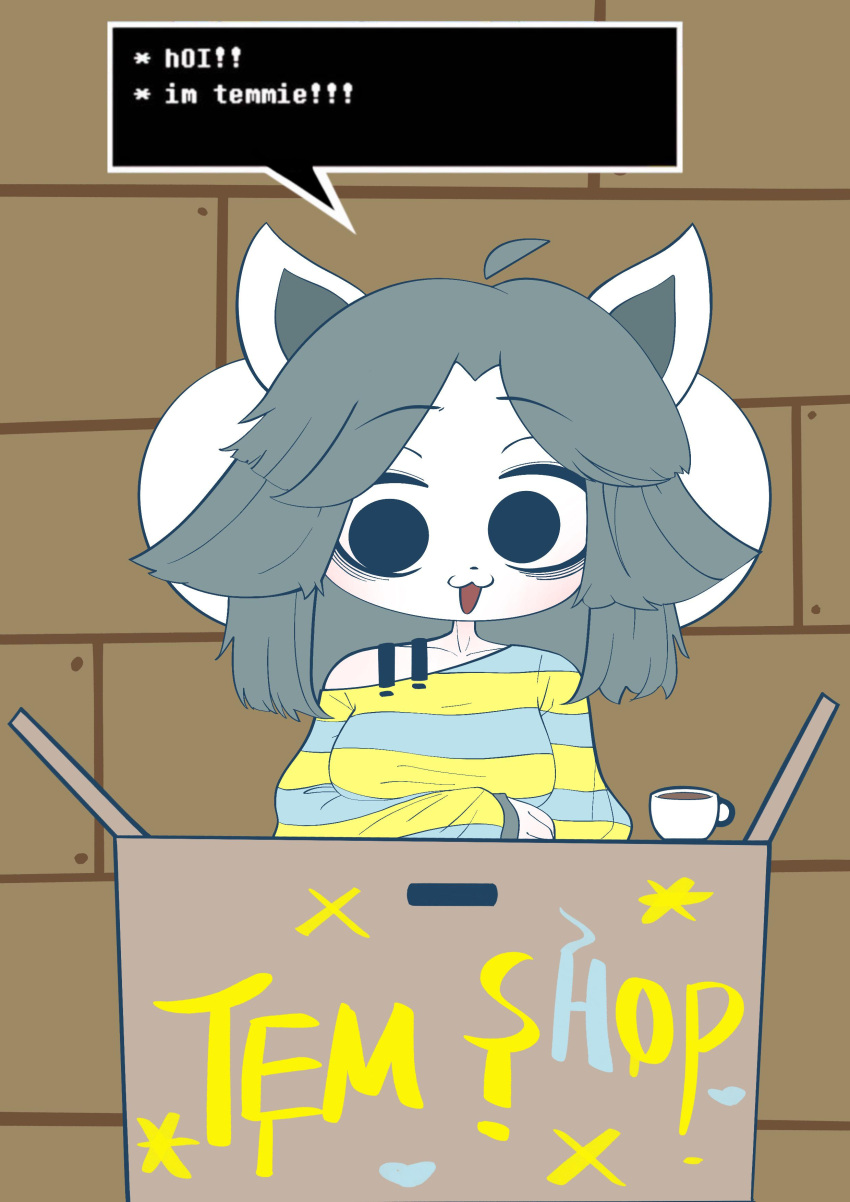 absurd_res anthro beverage clothed clothing coffee coffee_mug dialogue female grey_hair hair hi_res hss_dada off_shoulder pattern_clothing simple_eyes solo speech_bubble striped_clothing stripes talking_to_viewer tem temmie_(undertale) undertale undertale_(series) white_body