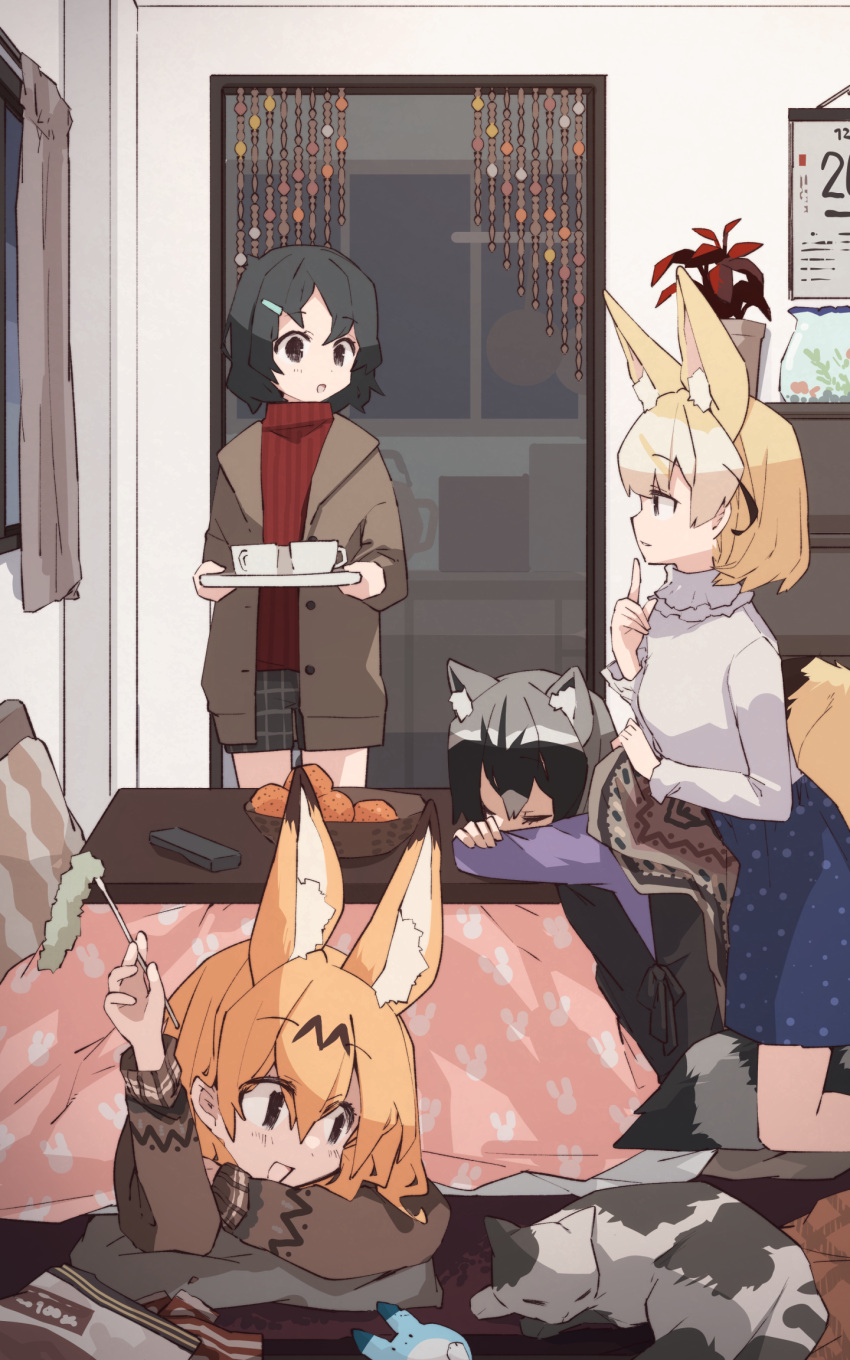 4girls alternate_costume animal_ears black_hair blonde_hair blue_skirt brown_sweater casual cat cat_ears cat_girl common_raccoon_(kemono_friends) extra_ears fennec_(kemono_friends) fox_ears fox_girl fox_tail grey_hair grey_jacket grey_shirt grey_shorts hair_ornament hairclip highres jacket kaban_(kemono_friends) kemono_friends kotatsu long_sleeves multicolored_hair multiple_girls nanana_(nanana_iz) plaid plaid_shorts raccoon_ears raccoon_girl raccoon_tail red_sweater serval_(kemono_friends) shirt short_hair shorts skirt sweater table tail turtleneck turtleneck_sweater under_kotatsu under_table