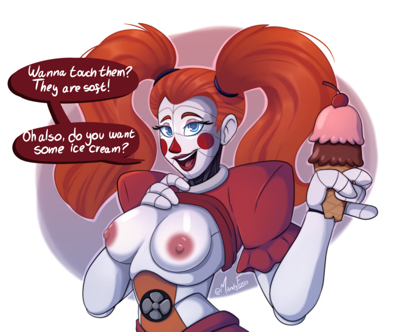 2023 animatronic areola blue_eyes breasts circus_baby_(fnaf) dessert dialogue digital_media_(artwork) english_text exclamation_point female fingers five_nights_at_freddy's food holding_food holding_ice_cream holding_object humanoid ice_cream machine mandyfoxy nipples open_mouth question_mark robot robot_humanoid scottgames sister_location solo teeth text tongue white_text