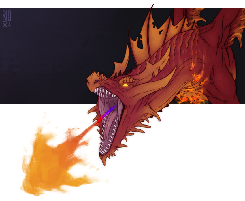 2020 absurd_res ambiguous_gender artist_logo breath_powers dated dragon elemental_manipulation empty_eyes feral fire fire_breathing fire_manipulation forked_tongue frill_(anatomy) hi_res logo neck_frill open_mouth orange_body orange_frill orange_wings red_body red_tongue riorix scalie sharp_teeth simple_background solo teeth tongue tongue_out wings wounded