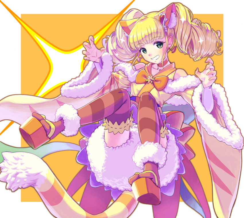 1girl animal_ear_fluff animal_ears bangs blonde_hair blunt_bangs clothing_cutout cure_sparkle cure_sparkle_(partner_form) drill_hair earrings floating_hair fur-trimmed_sleeves fur_trim green_eyes grin healin'_good_precure highres japanese_clothes jewelry kemonomimi_mode kimono long_hair long_sleeves orange_kimono orange_thighhighs precure shiny shiny_hair shorts shoulder_cutout shrimp1634 smile solo striped striped_thighhighs tabi tail thighhighs tiger_ears tiger_tail twin_drills twintails white_shorts wide_sleeves