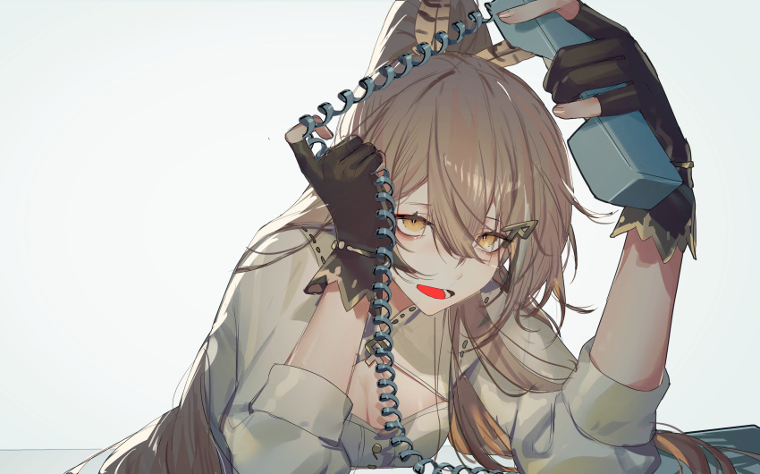 1girl absurdres ahoge bangs brown_corset brown_eyes brown_hair cleavage_cutout clothing_cutout corded_phone corset feather_hair_ornament feathers gloves hair_ornament hairclip highres hololive hololive_english long_hair looking_at_viewer multicolored_hair nanashi_mumei open_mouth partially_fingerless_gloves phone ponytail shirt streaked_hair very_long_hair virtual_youtuber white_shirt ysoroth