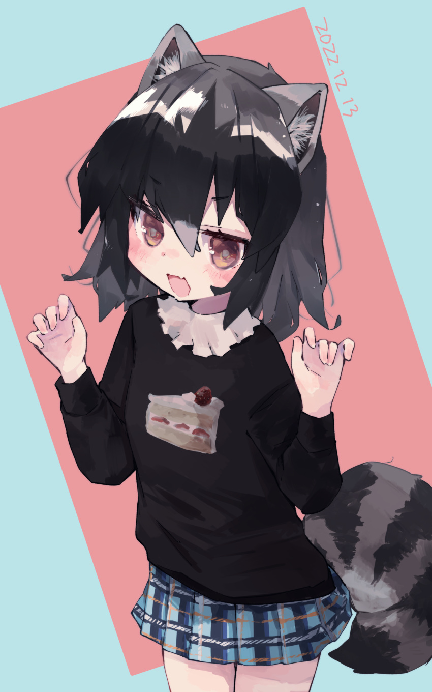 1girl alternate_costume animal_ears black_hair black_sweater blue_sky blush cake_print claw_pose collar common_raccoon_(kemono_friends) cowboy_shot fang frilled_collar frills grey_hair highres kemono_friends long_sleeves multicolored_hair nanana_(nanana_iz) open_mouth plaid plaid_skirt pleated_skirt raccoon_ears raccoon_girl raccoon_tail short_hair skirt sky solo sweater tail two-tone_hair