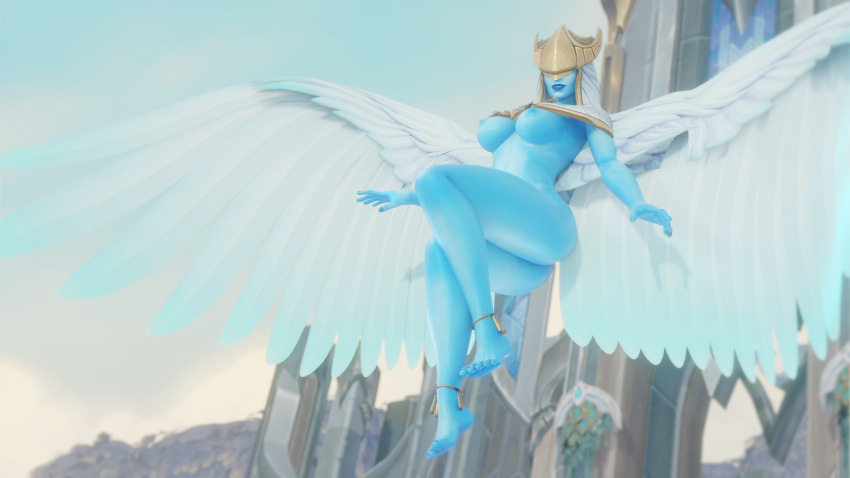 3d_(artwork) anklet areola armor big_breasts big_butt blizzard_entertainment breasts butt cloak clothing digital_media_(artwork) feathered_wings feathers female floating flying headgear helmet hi_res humanoid jewelry kyrian mystmantle nipples small_waist solo thick_thighs undead warcraft wide_hips winged_humanoid wings