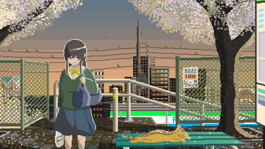 1girl animated animated_gif bag bench bird black_eyes black_hair blinking blue_skirt cat closed_mouth duffel_bag evening highres holding holding_bag long_hair long_sleeves looking_at_viewer mae_1031 original outdoors pixel_art power_lines scenery shirt shopping_bag skirt smile solo standing white_shirt