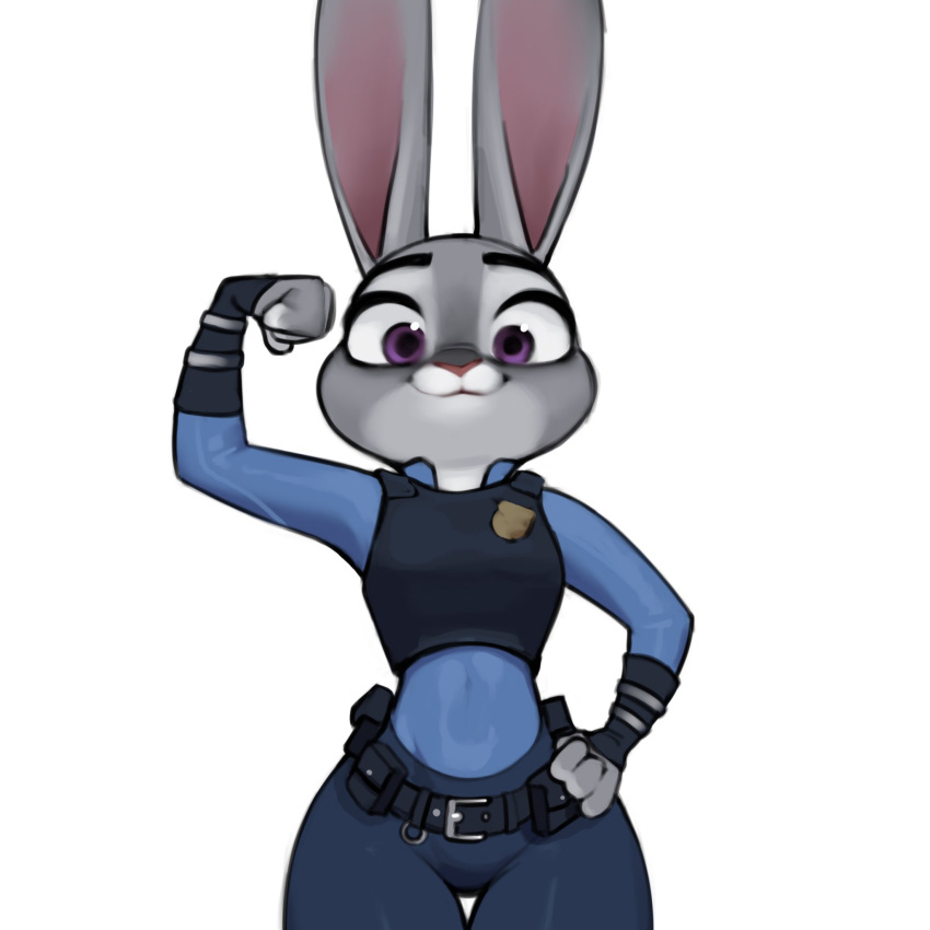 2023 anthro clothed clothing disney female flexing fur grey_body grey_fur hi_res judy_hopps lagomorph leporid looking_at_viewer mammal multicolored_body multicolored_fur purple_eyes qupostuv35 rabbit simple_background smile smiling_at_viewer solo two_tone_body two_tone_fur uniform white_body white_fur wide_hips zootopia
