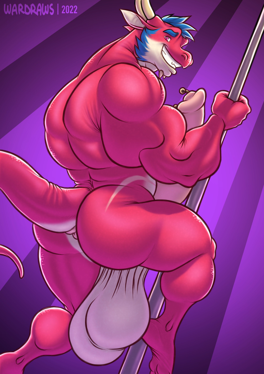 absurd_res anthro balls big_balls big_butt big_penis butt dragon genital_piercing genitals grin hi_res hyper hyper_genitalia jason_greenwood male muscular muscular_anthro muscular_male penis penis_piercing piercing pink_body pole smile solo stripper_pole tail wardraws