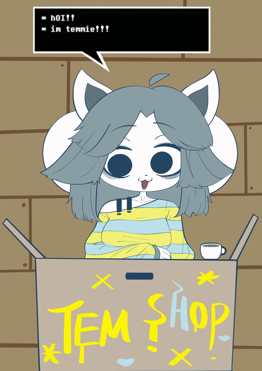 absurd_res animated anthro beverage clothed clothing coffee coffee_mug dialogue female grey_hair hair hi_res hss_dada off_shoulder pattern_clothing simple_eyes solo speech_bubble striped_clothing stripes talking_to_viewer tem temmie_(undertale) undertale undertale_(series) white_body