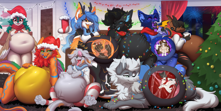 abdominal_bulge ambiguous_gender anthro arcanine bat black_carpet canid canine canis carpet celestine_(okzero) christmas christmas_clothing christmas_lights clothing decidueye domestic_cat dragon feladi felid feline felis female female_pred feral fireworks fox fur furred_dragon generation_1_pokemon generation_7_pokemon group hi_res holidays hybrid legwear lion makar_(makar-ro) male mammal mantic mouth_shot nintendo open_mouth pantherine paw_shot pawpads paws plant pokemon pokemon_(species) riolutiny scalie stockings sweater thigh_highs topwear tree vore western_dragon white_wall willing_prey wolf