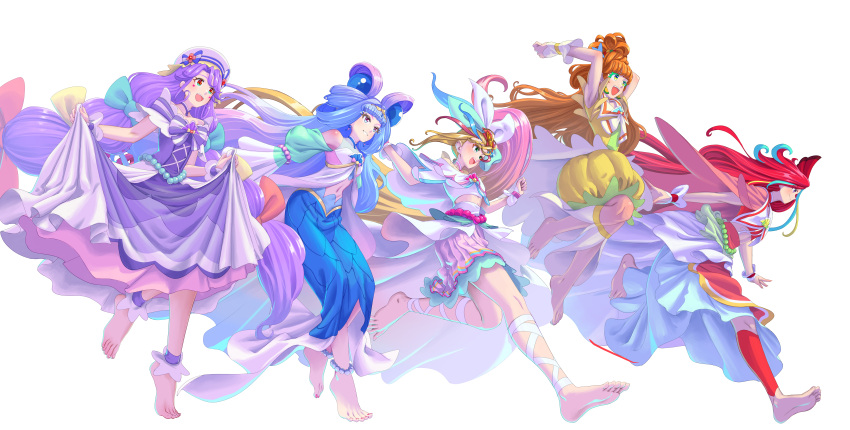 5girls :d absurdres anklet arms_up bangs barefoot blonde_hair blue_eyes blue_hair blue_skirt blunt_bangs brown_hair cape capelet closed_mouth clothing_cutout cure_coral cure_flamingo cure_la_mer cure_papaya cure_summer dress floating_hair full_body gradient_hair grin highres jewelry jumping legs_up long_hair long_skirt makeup mascara midriff miniskirt multicolored_hair multiple_girls navel pink_cape pink_hair pleated_skirt precure purple_dress purple_hair red_hair running shiny shiny_hair shoulder_cutout shrimp1634 simple_background skirt skirt_hold smile soles stomach tropical-rouge!_precure very_long_hair white_background white_capelet white_skirt