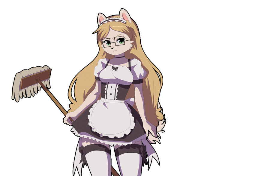 2023 angry animated anthro canid canine canis cleaning_tool clothed clothing digital_media_(artwork) dogscribss domestic_dog eyewear female fur glasses hair legwear long_hair looking_at_viewer maid_uniform mammal mop nen nendoggo pomeranian pouting solo spitz thigh_highs uniform