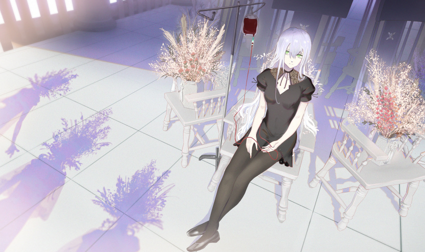 1girl black_dress black_footwear black_pantyhose blood blood_bag chair dress dried_flower green_eyes grey_hair hair_between_eyes highres hirokima long_hair original pale_skin pantyhose shadow short_sleeves sitting