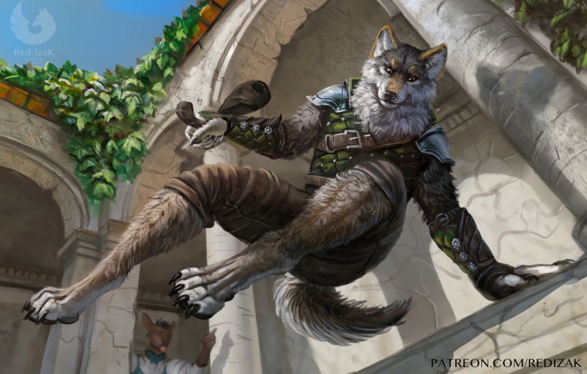2023 anthro armor biped bottomwear brown_body brown_fur canid canine canis claws clothing detailed_background digital_media_(artwork) digitigrade duo fur grey_body grey_fur hi_res male mammal multicolored_body multicolored_fur padded_armor pants pauldron paws plant red-izak thief toe_claws vambraces vaulting white_body white_fur wolf