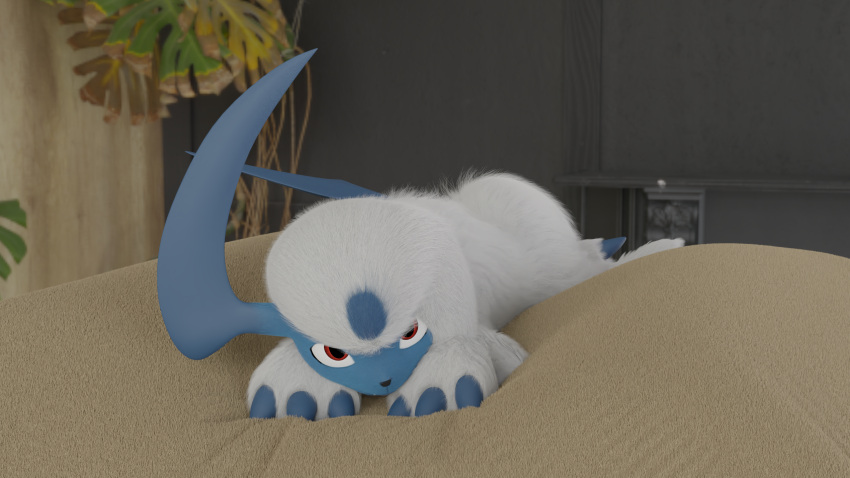 3d_(artwork) absol ambiguous_gender blue_body blue_fur digital_media_(artwork) doublestuffed feral fur generation_3_pokemon hi_res horn lying nintendo on_front pokemon pokemon_(species) red_eyes solo white_body white_fur