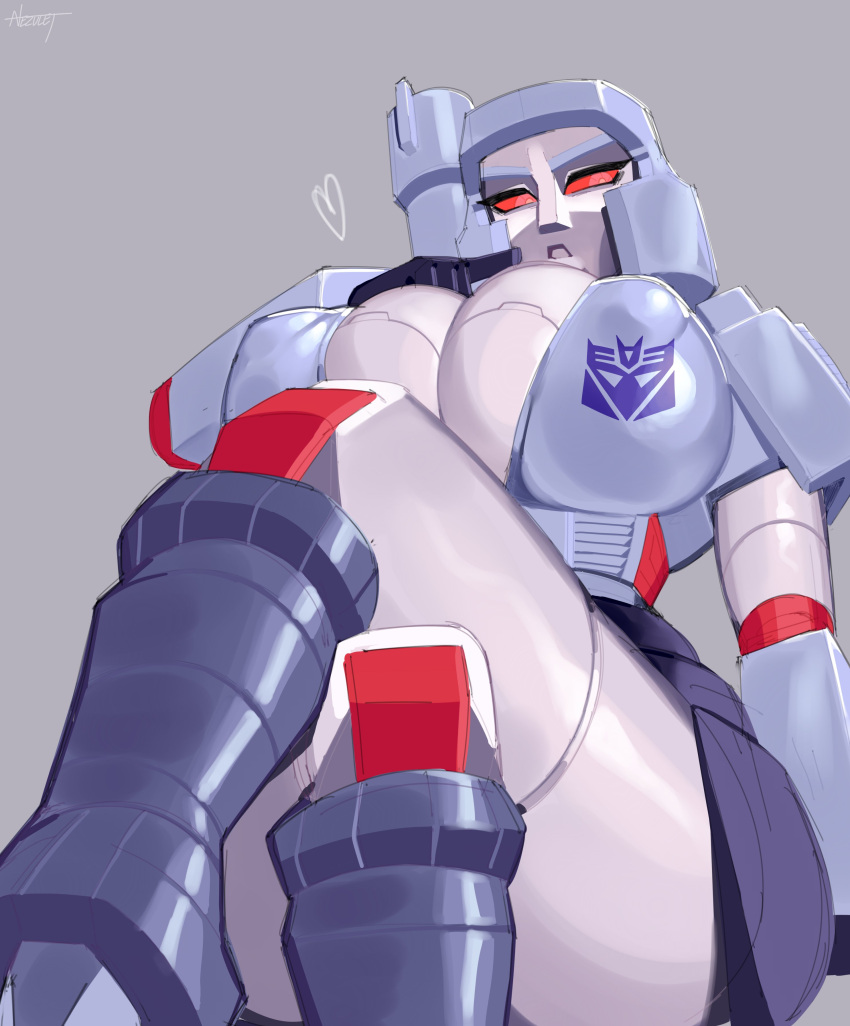 1girl absurdres breasts cleavage colored_sclera crossed_legs decepticon genderswap genderswap_(mtf) grey_background helmet highres humanization large_breasts looking_at_viewer mechanical_arms mechanical_legs megatron nezulet red_eyes red_sclera simple_background solo transformers