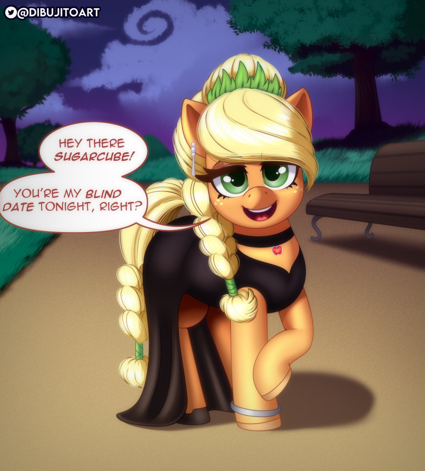 2021 alternate_hairstyle applejack_(mlp) black_clothing black_dress blind_date blonde_hair bracelet braided_hair braided_tail choker clothed clothed_feral clothing dialogue dibujito digital_drawing_(artwork) digital_media_(artwork) dress ear_piercing ear_ring earth_pony english_text equid equine female feral friendship_is_magic green_eyes hair hasbro hi_res horse jewelry looking_at_viewer makeover mammal my_little_pony necklace open_mouth open_smile orange_body park park_bench piercing plant pony ring_piercing smile solo speech_bubble talking_to_viewer text tree yellow_tail