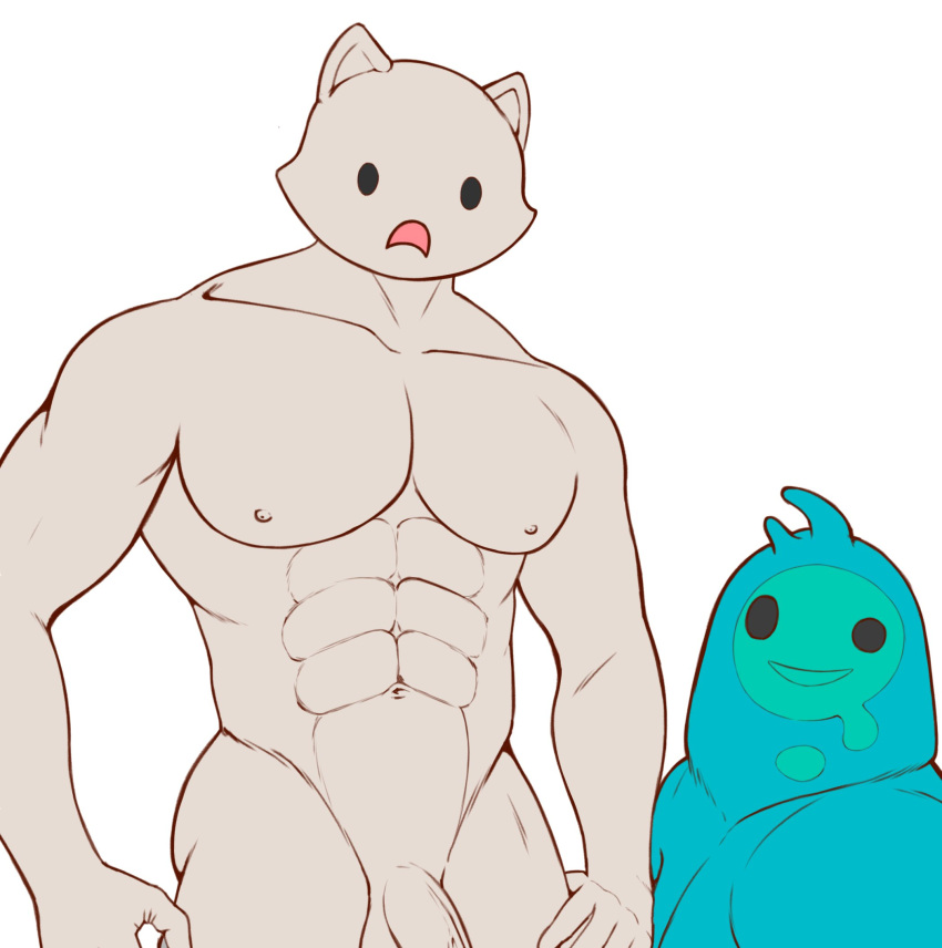 2022 abs anthro blue_body domestic_cat duo epic_games felid feline felis fortnite garyotake genitals goo_creature goo_humanoid grey_body grey_nipples grey_penis hi_res humanoid looking_at_viewer male male/male mammal meowscles navel nipples nude open_mouth open_smile pecs penis rippley_(fortnite) simple_background smile standing unfinished white_background