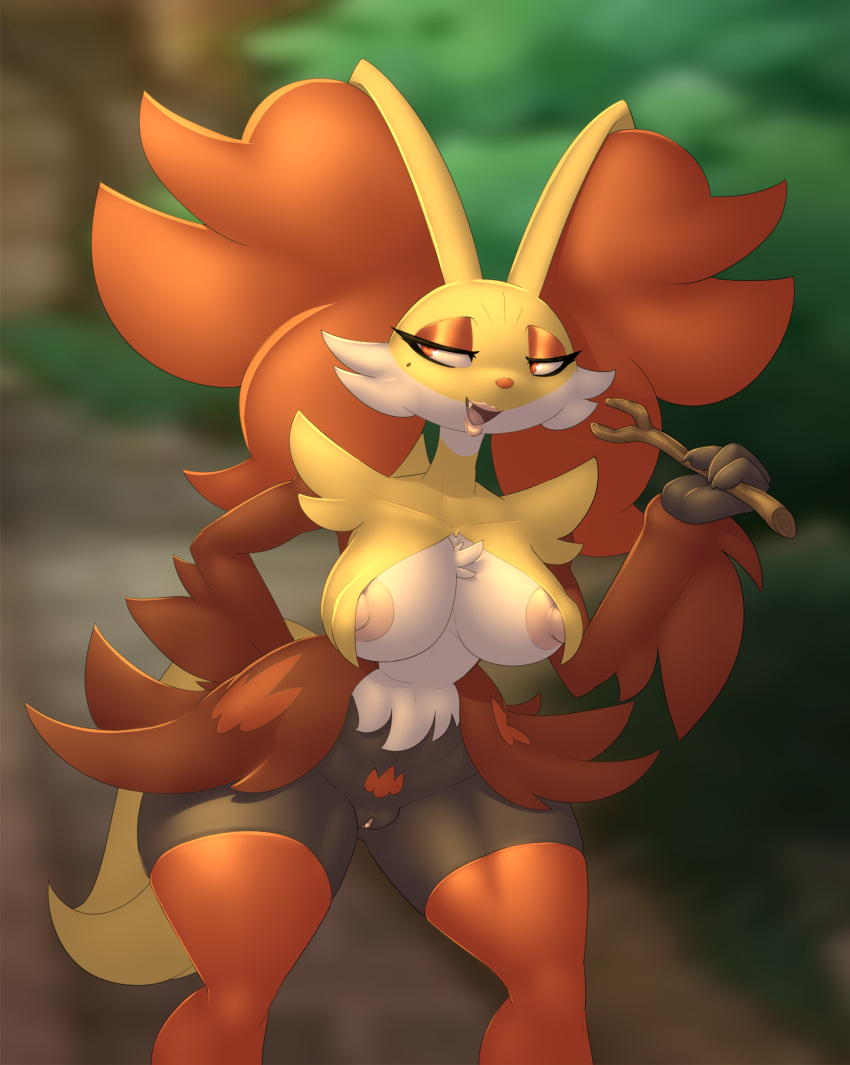 2022 anthro areola beauty_mark big_breasts big_nipples black_body black_skin breasts canid canine cheek_tuft chest_tuft clitoris clothing crotch_markings delphox eyelashes eyeshadow facial_tuft fangs female footwear fur generation_6_pokemon genitals hand_behind_back hi_res holding_object inner_ear_fluff legwear lips looking_away makeup mammal markings nintendo nipples open_mouth pink_areola pink_nipples pink_pussy pokemon pokemon_(species) portrait pussy red_body red_clothing red_eyes red_eyeshadow red_footwear red_fur red_socks sharp_teeth socks solo stick tail teeth thick_thighs thigh_highs three-quarter_portrait tuft venela white_body white_fur yellow_body yellow_fur