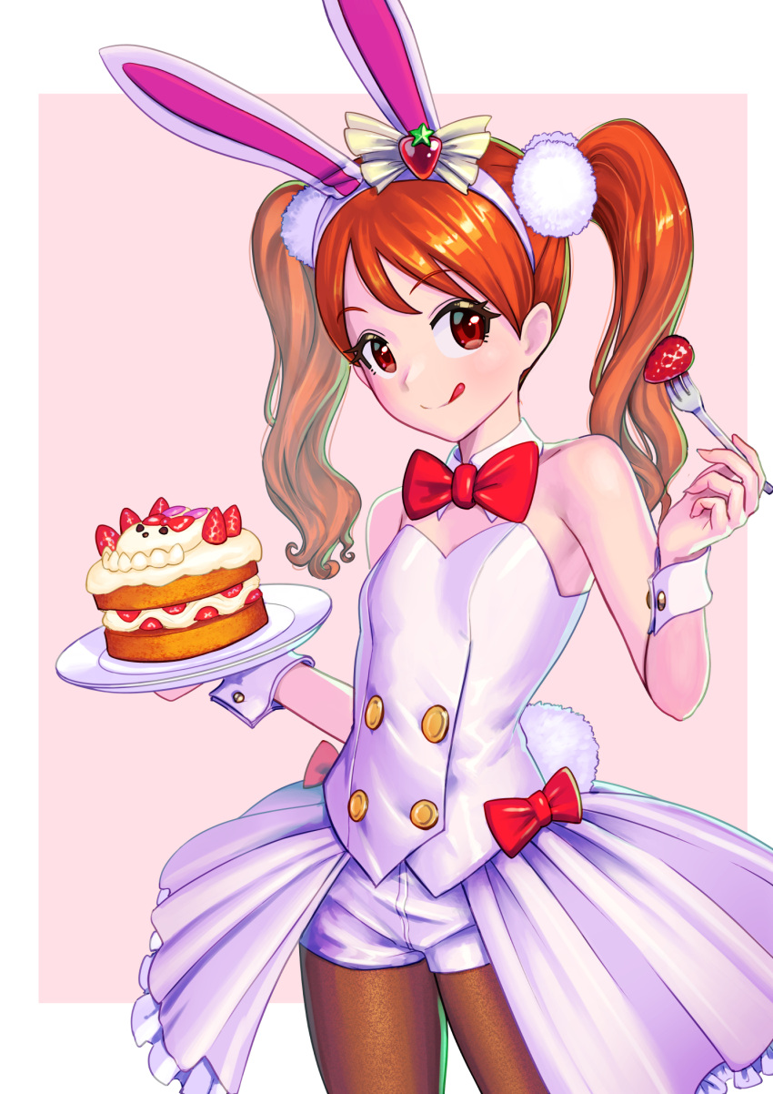 1girl :q alternate_costume animal_ears border bow bowtie breasts brown_hair brown_pantyhose cake closed_mouth cowboy_shot detached_collar fake_animal_ears food fork hairband highres holding holding_fork holding_plate kirakira_precure_a_la_mode legwear_under_shorts long_hair looking_at_viewer outside_border overskirt pantyhose plate precure rabbit_ears red_bow red_bowtie red_eyes shiny shiny_hair short_shorts shorts shrimp1634 small_breasts solo standing tongue tongue_out twintails usami_ichika white_border white_hairband white_shorts wrist_cuffs