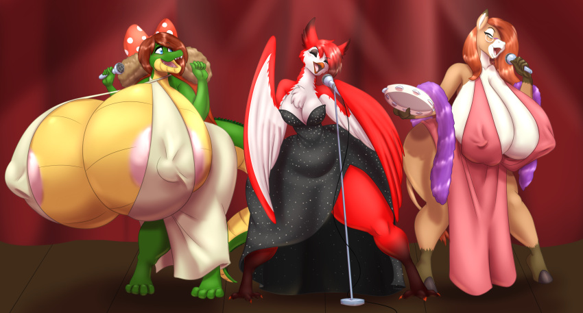 2023 absurd_res anthro areola asinus avian beak big_breasts blues64 breasts clothed clothing digital_media_(artwork) donkey equid equine eyes_closed female fingers group hasbro hi_res holding_object huge_breasts hyper hyper_breasts lidia_(hyperstorm_h) mammal marauder6272 microphone microphone_stand my_little_pony nipple_outline non-mammal_breasts open_mouth pink_areola randa wings