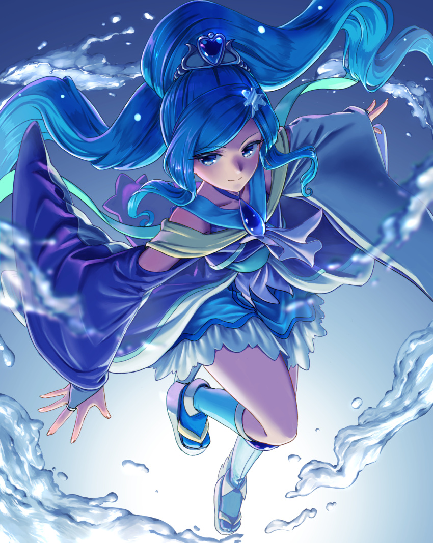 1girl bangs blue_dress blue_eyes blue_hair blue_socks bridal_gauntlets closed_mouth cure_fontaine dress floating_hair hair_ornament healin'_good_precure highres long_hair long_sleeves outstretched_arms ponytail precure shiny shiny_hair short_dress shrimp1634 smile socks solo swept_bangs tabi very_long_hair wide_sleeves
