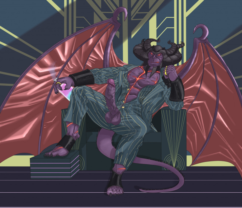 anthro chair clothing demon furniture genitals hasbro horn humanoid_genitalia humanoid_penis liushahuiyou magic:_the_gathering male membrane_(anatomy) membranous_wings muscular muscular_male ob_nixillis penis presenting presenting_penis purple_body ring_(jewelry) solo suit throne wings wizards_of_the_coast