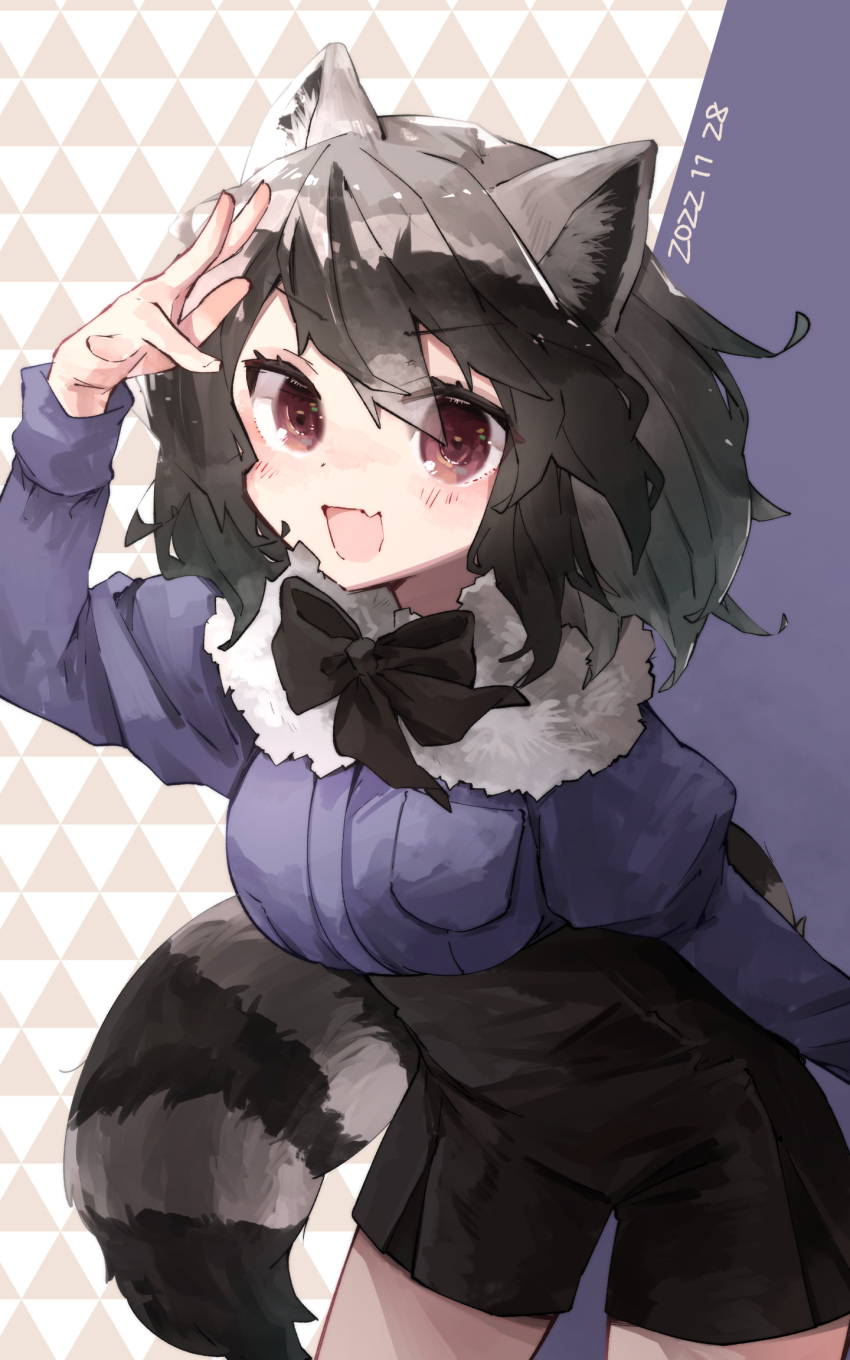 1girl alternate_costume animal_ears black_bow black_bowtie black_hair black_shorts blue_sweater blush bow bowtie common_raccoon_(kemono_friends) cowboy_shot fur_collar grey_hair high-waist_shorts highres juliet_sleeves kemono_friends long_sleeves looking_at_viewer multicolored_hair nanana_(nanana_iz) open_mouth puffy_sleeves raccoon_ears raccoon_girl raccoon_tail red_eyes salute short_hair shorts smile solo sweater tail two-tone_hair white_fur