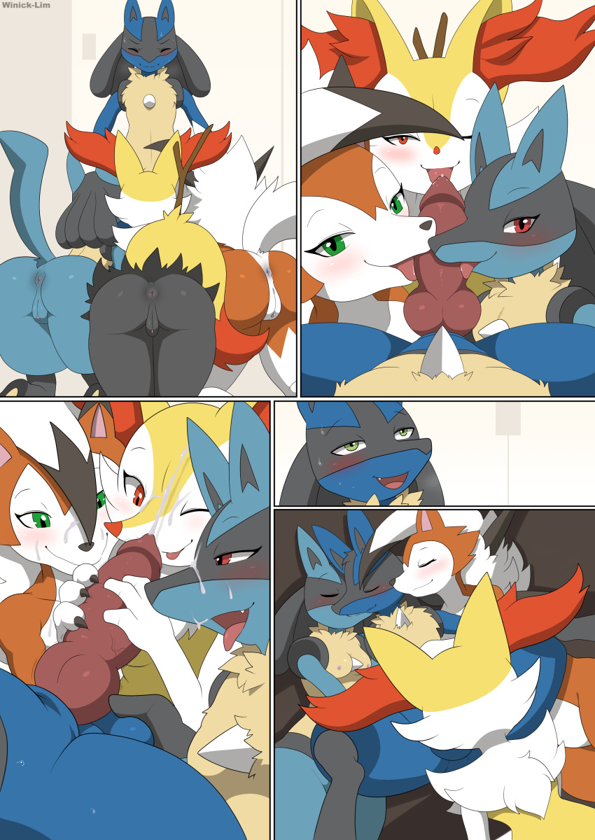 2022 absurd_res animal_genitalia animal_penis anthro anthro_on_anthro anus big_butt blue_body blue_fur blush bodily_fluids braixen butt canine_penis comic cum cum_on_face cumshot dusk_lycanroc ejaculation eyes_closed female fur generation_4_pokemon generation_6_pokemon generation_7_pokemon genital_fluids genitals green_eyes group hi_res knot licking looking_pleasured lucario lycanroc male male/female nintendo nude one_eye_closed open_mouth oral orange_body orange_fur orgasm penile penis penis_lick pokemon pokemon_(species) pussy red_eyes sex tongue tongue_out white_body white_fur winick-lim yellow_body yellow_fur